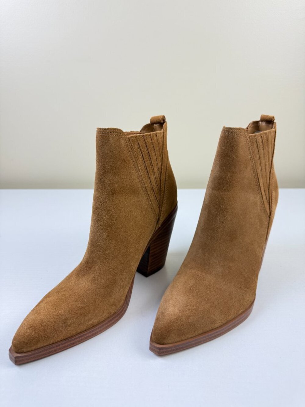 New Marc Fisher Gadri Pointed Toe Booties Tan Suede Stacked Block Heel